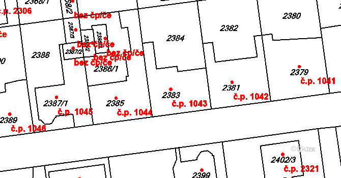 Horní Počernice 1043, Praha na parcele st. 2383 v KÚ Horní Počernice, Katastrální mapa