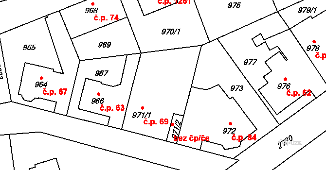 Kyje 69, Praha na parcele st. 971/1 v KÚ Kyje, Katastrální mapa