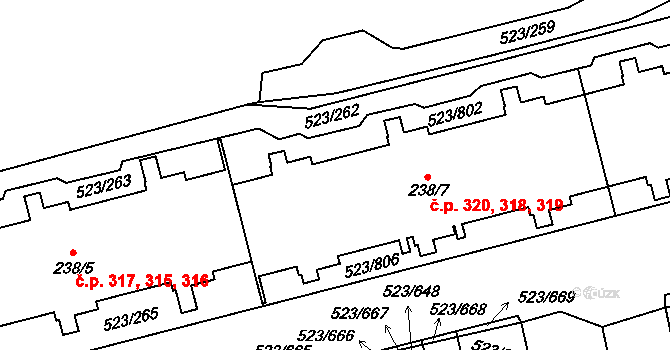 Horní Měcholupy 318,319,320, Praha na parcele st. 238/7 v KÚ Horní Měcholupy, Katastrální mapa
