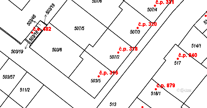 Mutěnice 318 na parcele st. 507/2 v KÚ Mutěnice, Katastrální mapa