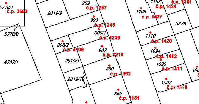 Hodonín 1216 na parcele st. 907 v KÚ Hodonín, Katastrální mapa