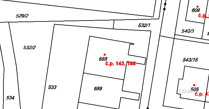 Povel 143,144, Olomouc na parcele st. 688 v KÚ Povel, Katastrální mapa