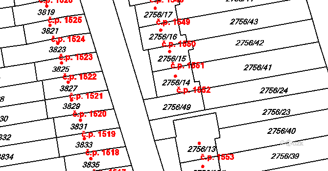Šlapanice 1552 na parcele st. 2756/14 v KÚ Šlapanice u Brna, Katastrální mapa