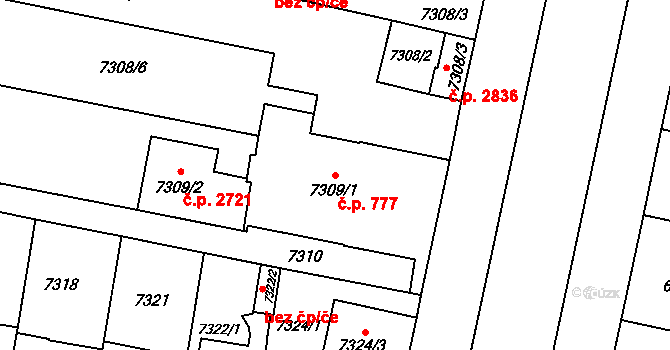 Jižní Předměstí 777, Plzeň na parcele st. 7309/1 v KÚ Plzeň, Katastrální mapa