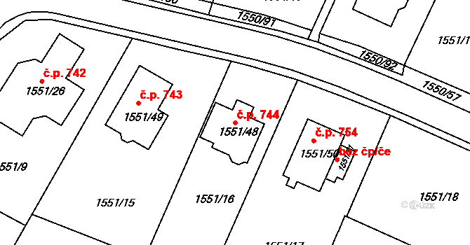 Miřetice u Klášterce nad Ohří 744, Klášterec nad Ohří na parcele st. 1551/48 v KÚ Miřetice u Klášterce nad Ohří, Katastrální mapa