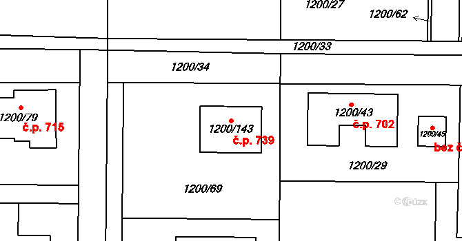 Vejprnice 739 na parcele st. 1200/143 v KÚ Vejprnice, Katastrální mapa