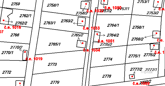 Bystřice nad Pernštejnem 1034 na parcele st. 2765/2 v KÚ Bystřice nad Pernštejnem, Katastrální mapa