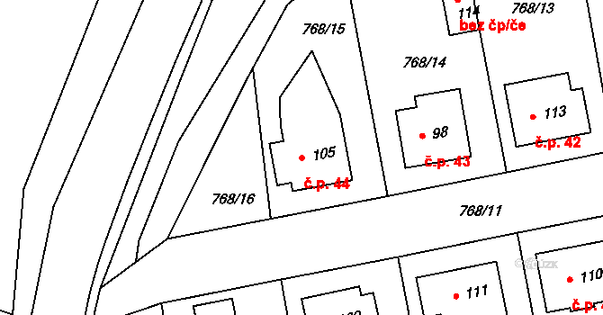 Horní Záhoří 44, Záhoří na parcele st. 105 v KÚ Horní Záhoří u Písku, Katastrální mapa