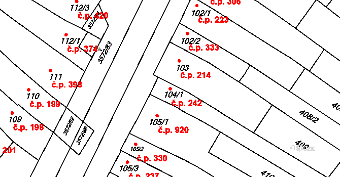 Ostrožské Předměstí 242, Uherský Ostroh na parcele st. 104/1 v KÚ Ostrožské Předměstí, Katastrální mapa