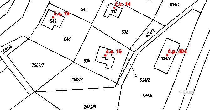 Zádveřice 15, Zádveřice-Raková na parcele st. 635 v KÚ Zádveřice, Katastrální mapa