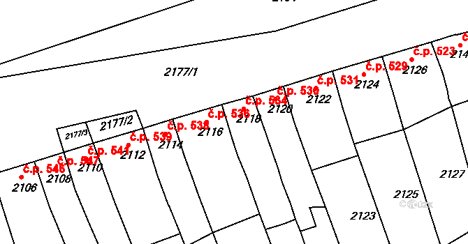 Bučovice 534 na parcele st. 2118 v KÚ Bučovice, Katastrální mapa