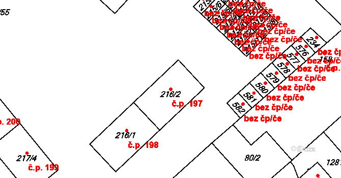 Horní Počaply 197 na parcele st. 216/2 v KÚ Horní Počaply, Katastrální mapa