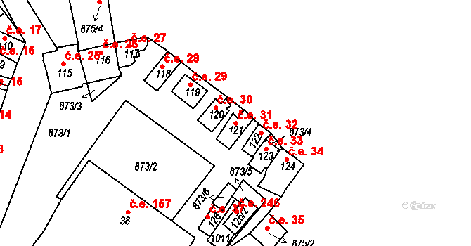 Plešnice 31 na parcele st. 121 v KÚ Plešnice, Katastrální mapa
