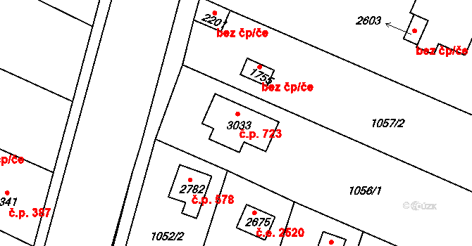 Litice 723, Plzeň na parcele st. 3033 v KÚ Valcha, Katastrální mapa