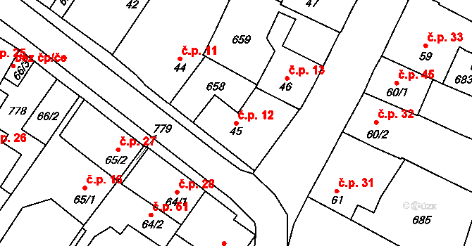 Vilémov 12, Humpolec na parcele st. 45 v KÚ Vilémov u Humpolce, Katastrální mapa