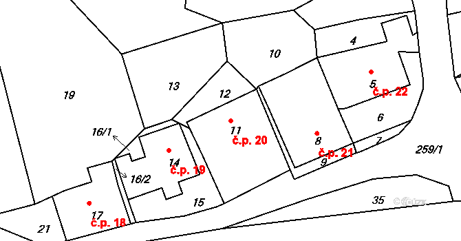 Roztoky 20, Povrly na parcele st. 11 v KÚ Roztoky nad Labem, Katastrální mapa