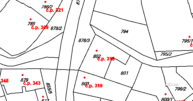 Holešov 318 na parcele st. 802 v KÚ Holešov, Katastrální mapa