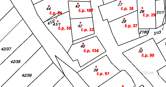 Olbramkostel 134 na parcele st. 40 v KÚ Olbramkostel, Katastrální mapa