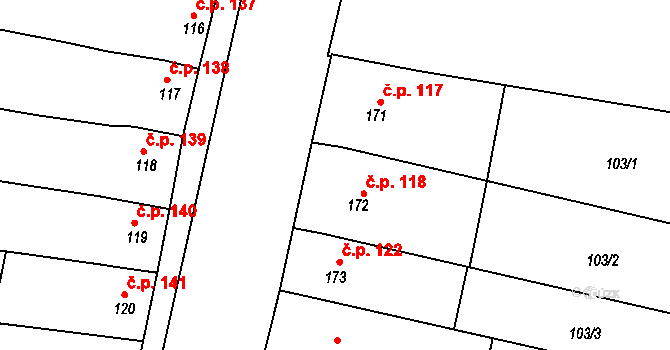 Oplocany 118 na parcele st. 172 v KÚ Oplocany, Katastrální mapa