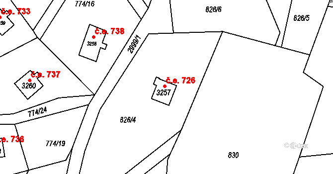 Ostravice 726 na parcele st. 3257 v KÚ Staré Hamry 2, Katastrální mapa