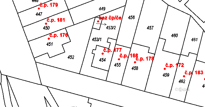 Komárov 177, Brno na parcele st. 454 v KÚ Komárov, Katastrální mapa