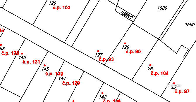 Čečelice 93 na parcele st. 127 v KÚ Čečelice, Katastrální mapa