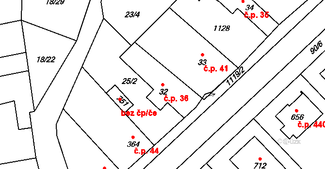 Sendražice 36, Kolín na parcele st. 32 v KÚ Sendražice u Kolína, Katastrální mapa