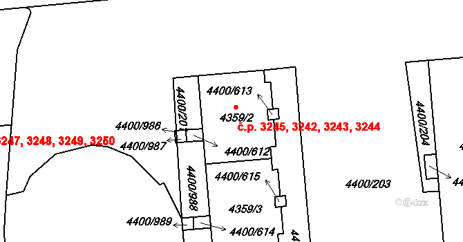 Modřany 3242,3243,3244,3245, Praha na parcele st. 4359/2 v KÚ Modřany, Katastrální mapa