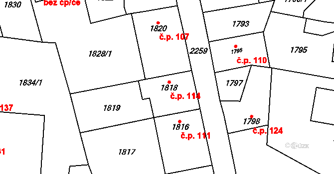 Stodůlky 114, Praha na parcele st. 1818 v KÚ Stodůlky, Katastrální mapa