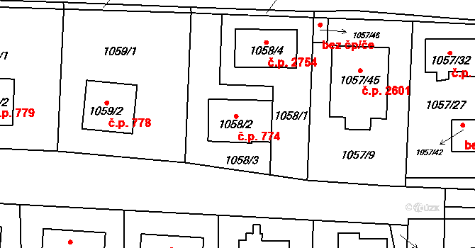 Stodůlky 774, Praha na parcele st. 1058/2 v KÚ Stodůlky, Katastrální mapa