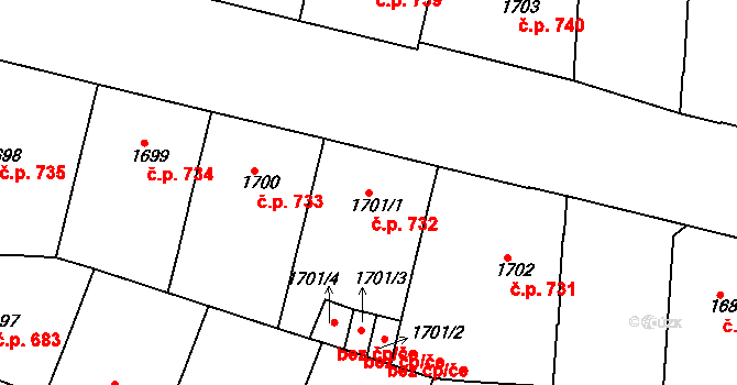 Holešovice 732, Praha na parcele st. 1701/1 v KÚ Holešovice, Katastrální mapa