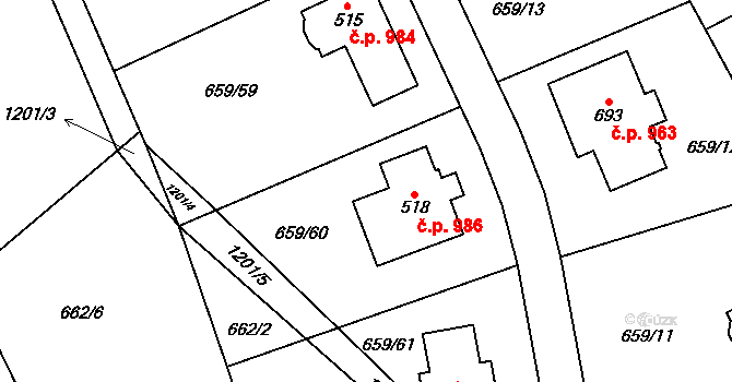 Hlubočinka 986, Sulice na parcele st. 518 v KÚ Sulice, Katastrální mapa
