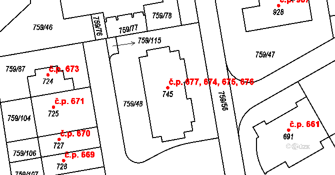 Jesenice 674,675,676,677 na parcele st. 745 v KÚ Jesenice u Prahy, Katastrální mapa