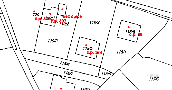 Poříčany 374 na parcele st. 118/5 v KÚ Poříčany, Katastrální mapa