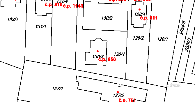 Modřice 850 na parcele st. 130/3 v KÚ Modřice, Katastrální mapa