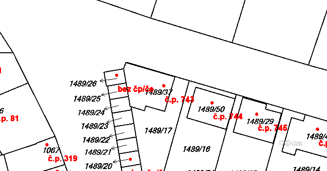 Prušánky 743 na parcele st. 1489/37 v KÚ Prušánky, Katastrální mapa