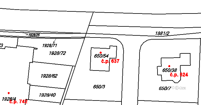 Dubeč 637, Praha na parcele st. 650/54 v KÚ Dubeč, Katastrální mapa