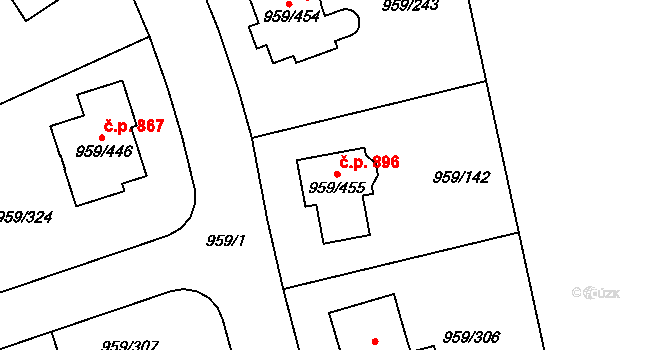 Průhonice 896 na parcele st. 959/455 v KÚ Průhonice, Katastrální mapa