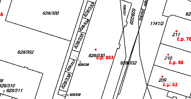 Prosek 853, Praha na parcele st. 628/330 v KÚ Prosek, Katastrální mapa