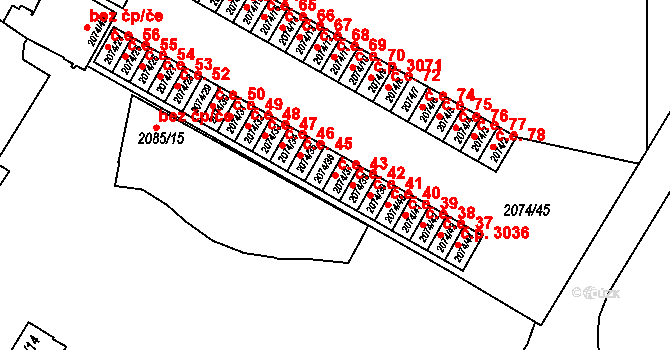 Brňany 43, Vyškov na parcele st. 2074/37 v KÚ Vyškov, Katastrální mapa