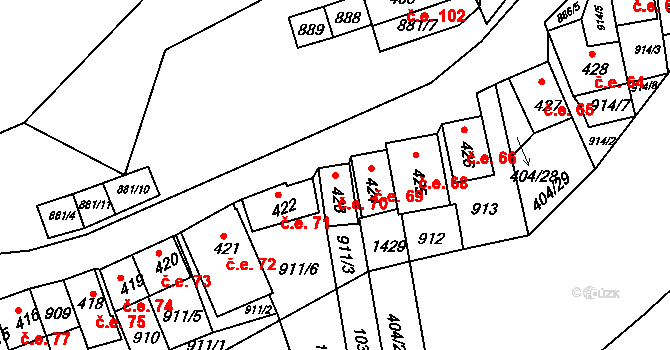 Chvalovice 70 na parcele st. 423 v KÚ Chvalovice, Katastrální mapa