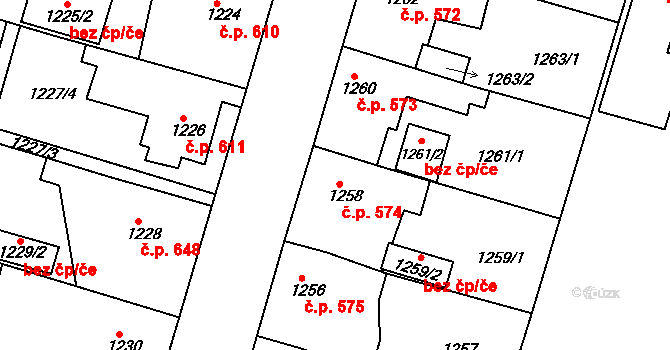 Nýřany 574 na parcele st. 1258 v KÚ Nýřany, Katastrální mapa