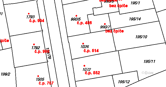 Zelené Předměstí 514, Pardubice na parcele st. 1026 v KÚ Pardubice, Katastrální mapa