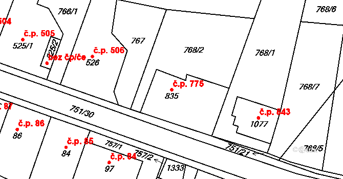 Svítkov 775, Pardubice na parcele st. 835 v KÚ Svítkov, Katastrální mapa
