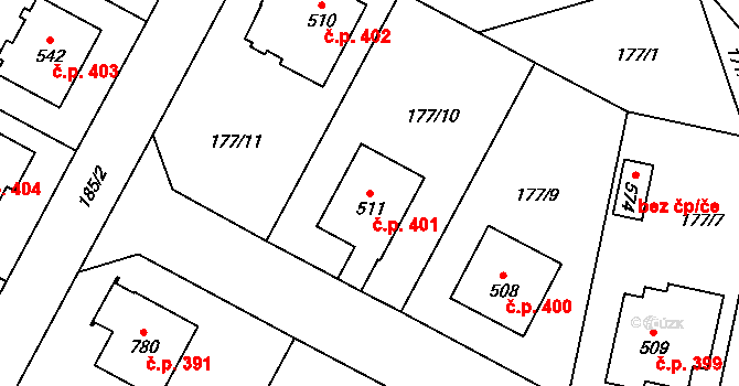 Lány 401 na parcele st. 511 v KÚ Lány, Katastrální mapa