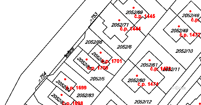 Radotín 1701, Praha na parcele st. 2052/87 v KÚ Radotín, Katastrální mapa