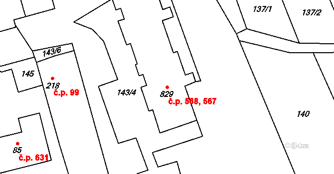 Kryry 567,568 na parcele st. 829 v KÚ Kryry, Katastrální mapa