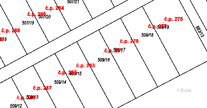 Ostrovačice 281 na parcele st. 509/16 v KÚ Ostrovačice, Katastrální mapa