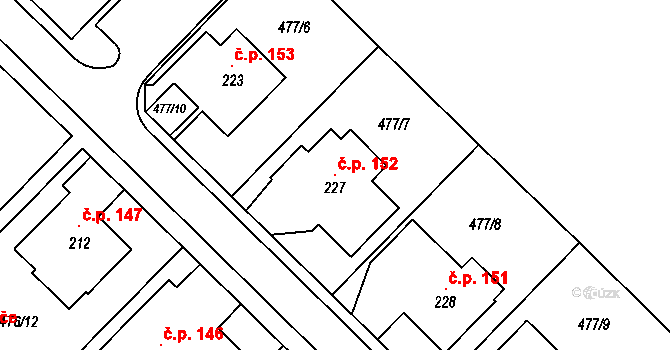 Šelešovice 152 na parcele st. 227 v KÚ Šelešovice, Katastrální mapa