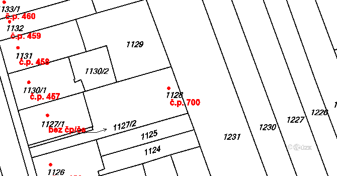 Holešov 700 na parcele st. 1128 v KÚ Holešov, Katastrální mapa